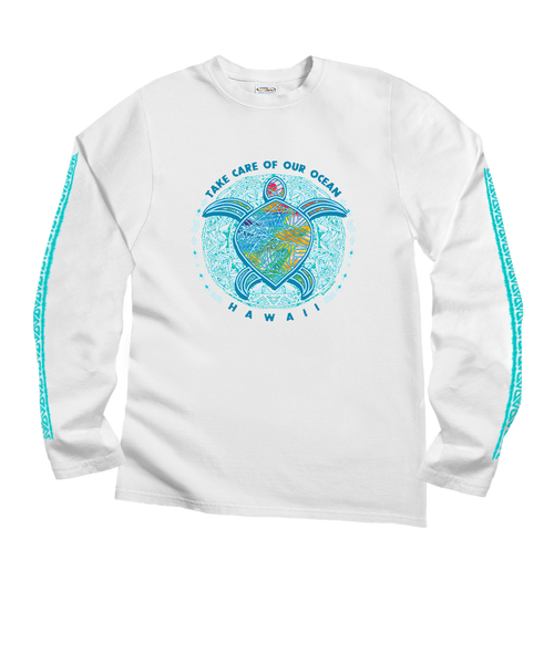 Ocean Blue - White Long Sleeve Crewneck T-Shirt