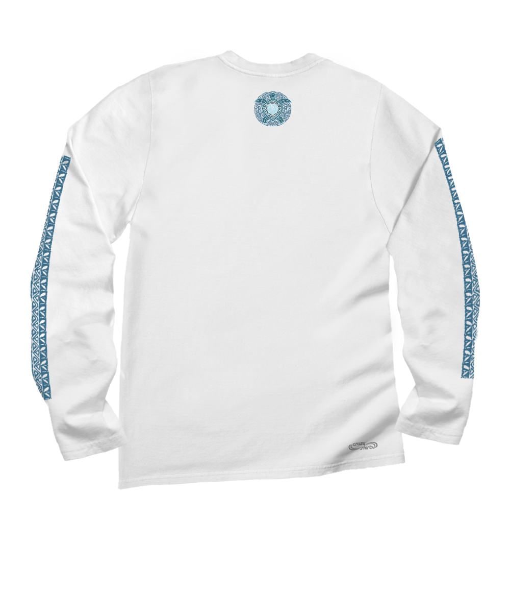 White long-sleeve t-shirt shown from the back, featuring a blue circular graphic on the upper back and a blue patterned stripe running down both sleeves. View 4