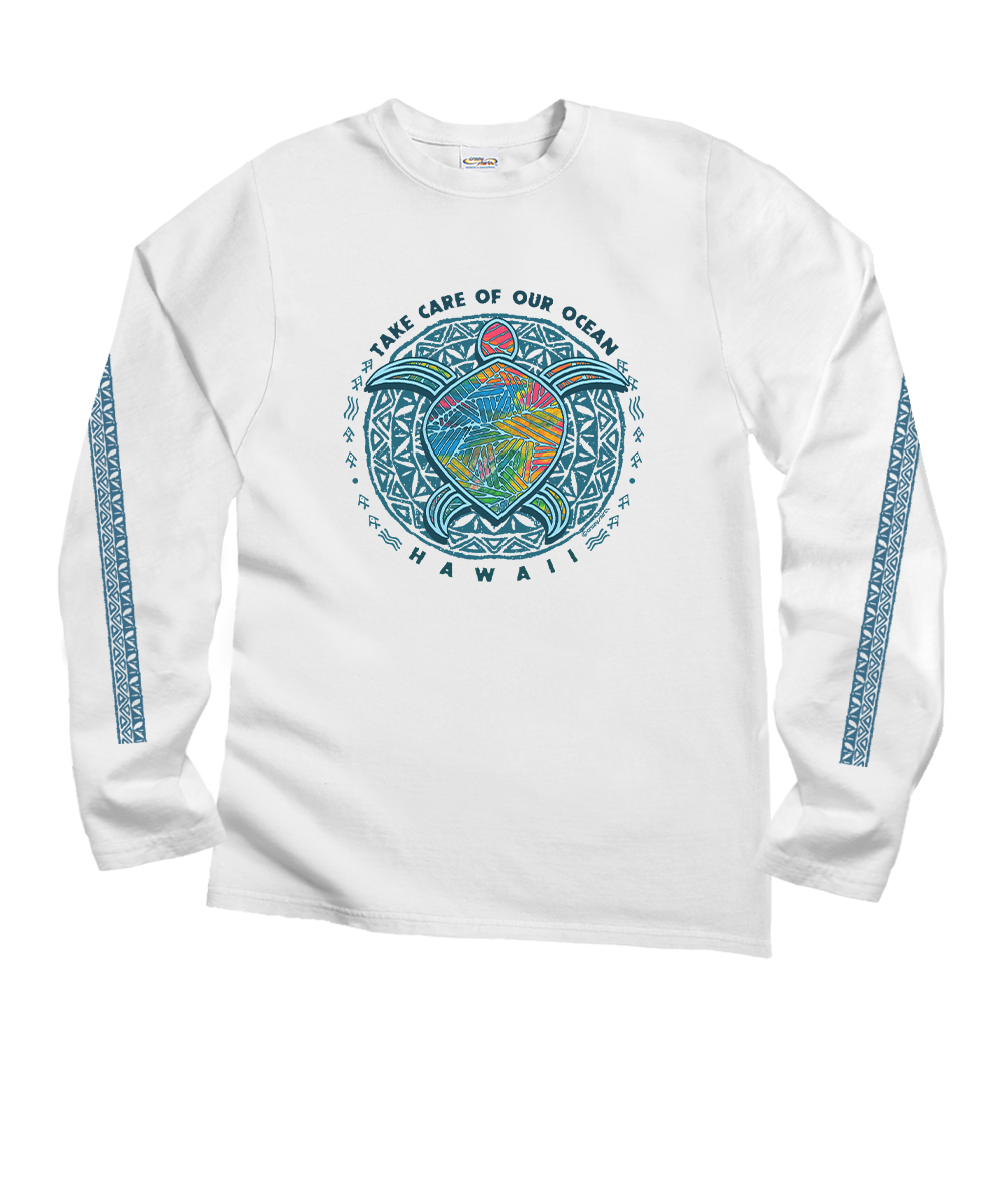 A white long-sleeve crewneck t-shirt featuring a central graphic of a Hawaiian wave and the words 'TAKE CARE OF OUR OCEAN HAWAII' in blue, teal, and green, with blue patterned prints on the sleeves. View 1
