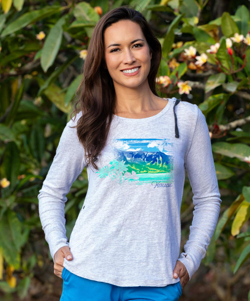 Coastal Beauty - White Gray Heather Long Sleeve Harmony Hooded T