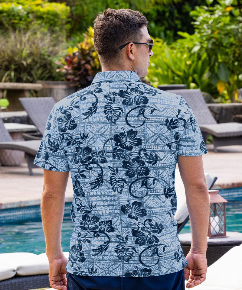 Waikoloa - Blue/Navy Short Sleeve Hawaiian Polo Shirt - View 3