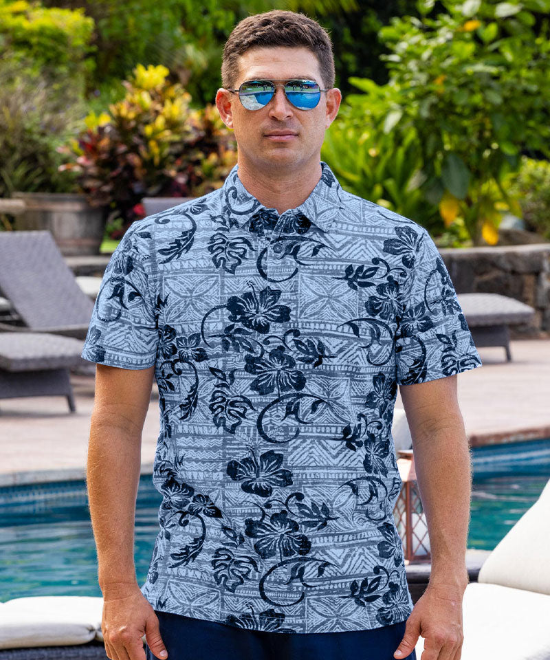 Waikoloa - Blue/Navy Short Sleeve Hawaiian Polo Shirt - View 2