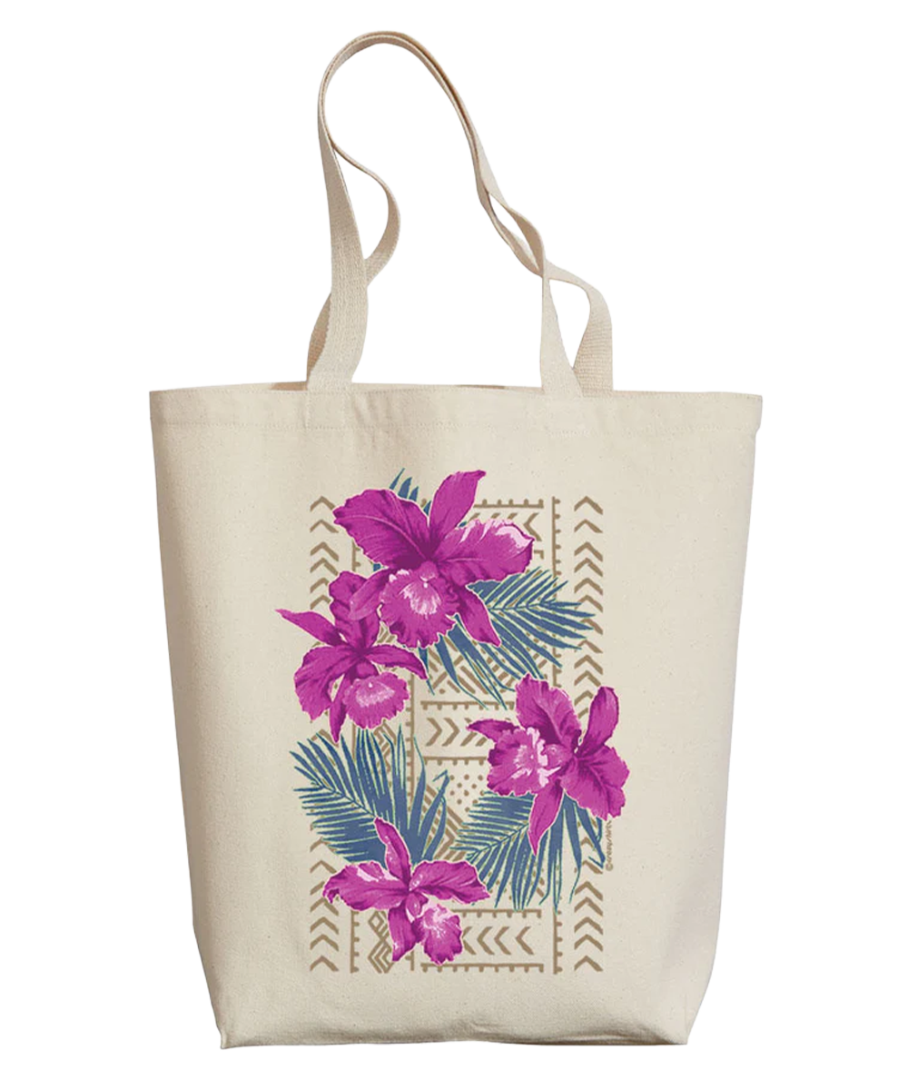 Tote bag with purple orchid design on a white background View 1