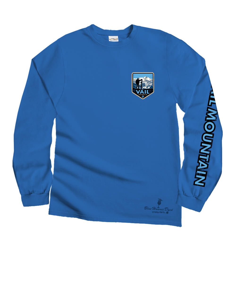 Vail Resort Vail Mountain Badge - Blue Hawaii Dyed Long Sleeve Crewneck T-Shirt