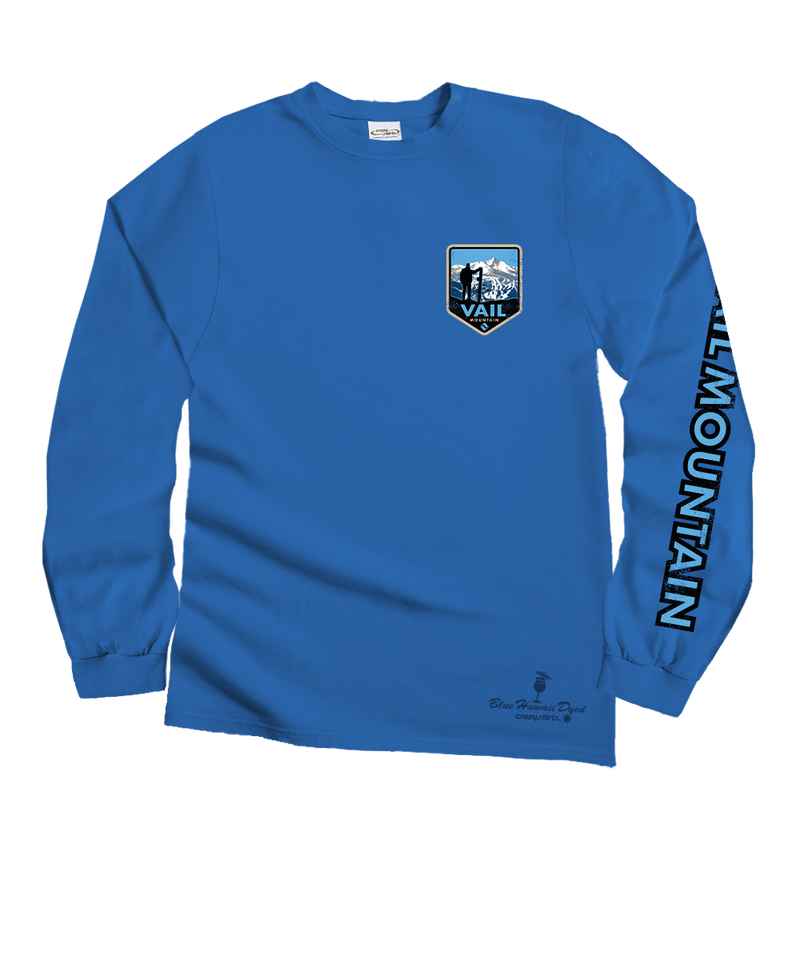 Vail Resort Vail Mountain Badge - Blue Hawaii Dyed Long Sleeve Crewneck T-Shirt