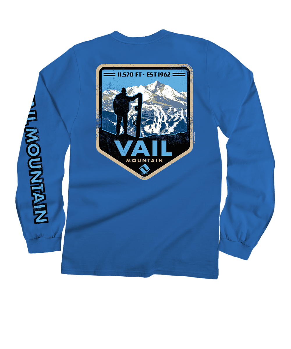 Vail Resort Vail Mountain Badge - Blue Hawaii Dyed Long Sleeve Crewneck T-Shirt