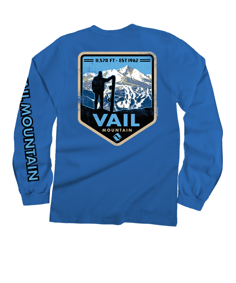 Vail Resort Vail Mountain Badge - Blue Hawaii Dyed Long Sleeve Crewneck T-Shirt