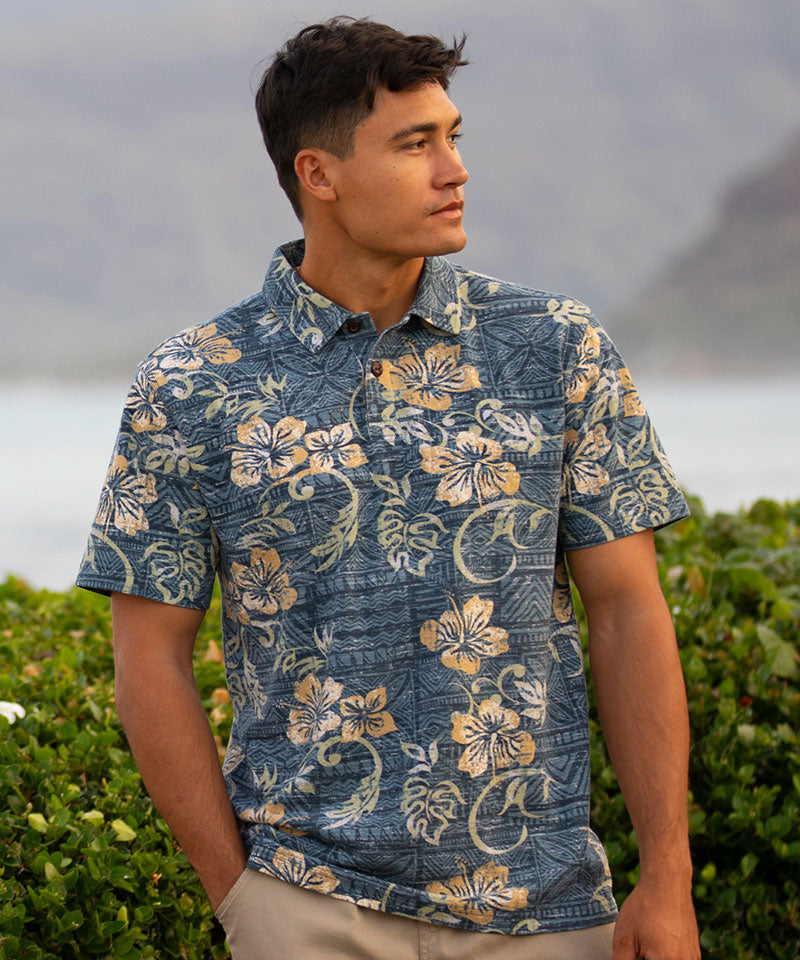 Waikoloa - Blue Nights/Dijon Short Sleeve Hawaiian Polo Shirt - View 2