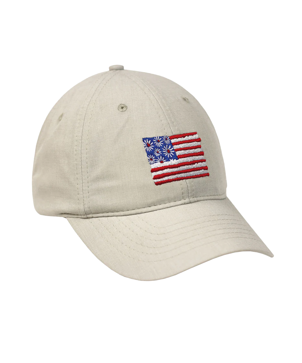 Beige cap with an American flag patch on a white background View 1