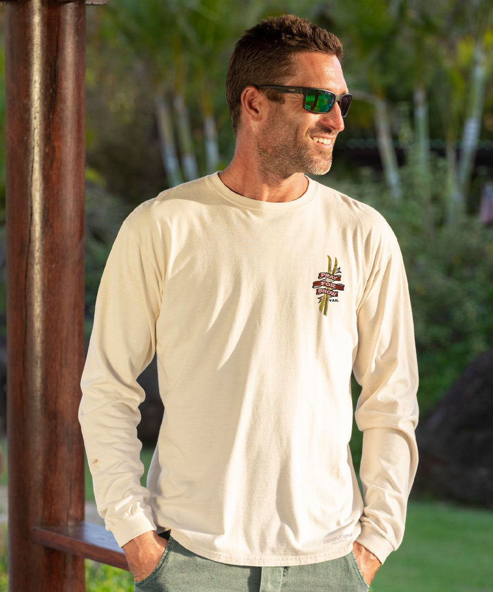Pray For Snow Ski - Coconut Dyed Long Sleeve Crewneck T-Shirt