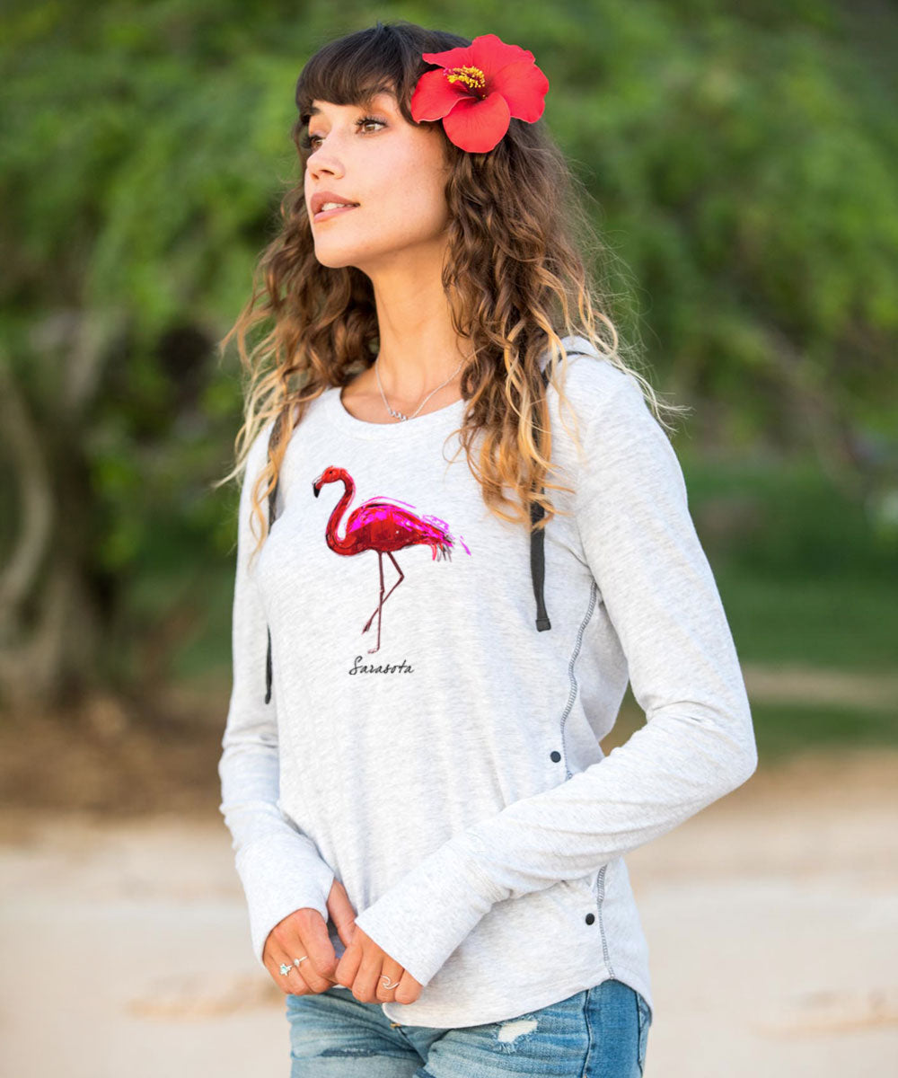 Paradise In Pink - White Gray Heather Long Sleeve Harmony Hooded T