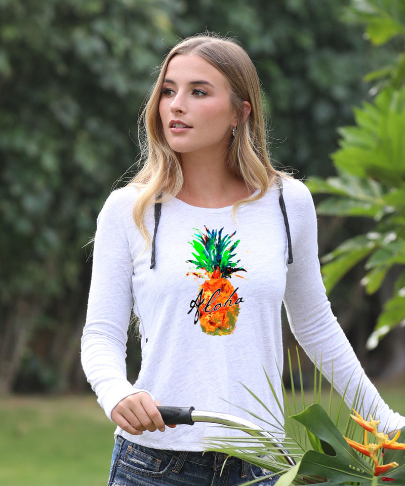 Splatter Pineapple - White Gray Heather Long Sleeve Harmony Hooded T