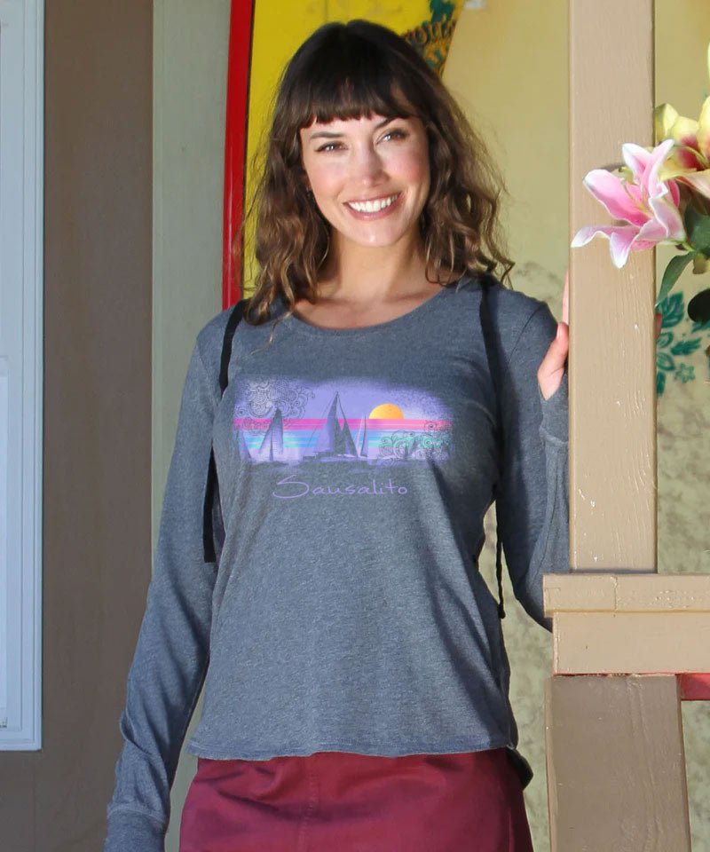 Sunsets And Sailboats - Gray Heather Long Sleeve Harmony Hooded T