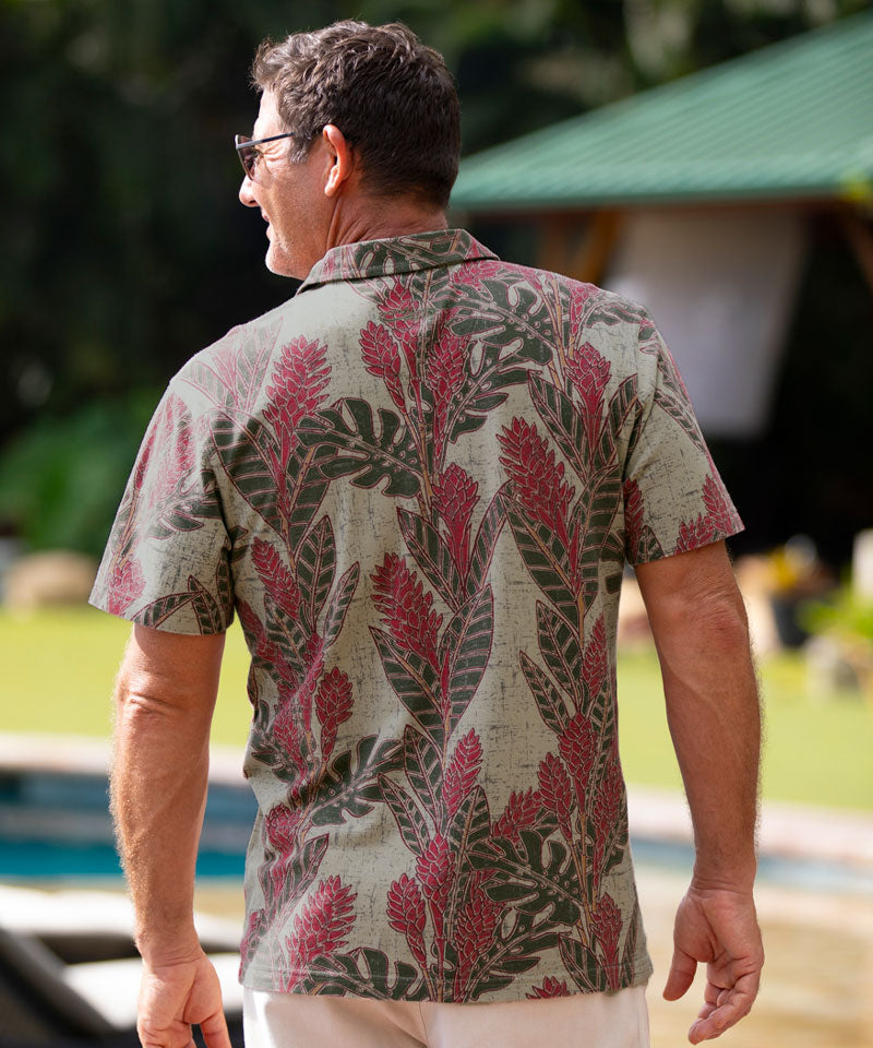 Hawaiian Ginger - Olive/Red Short Sleeve Hawaiian Polo Shirt - View 3