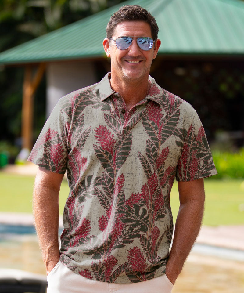Hawaiian Ginger - Olive/Red Short Sleeve Hawaiian Polo Shirt - View 2