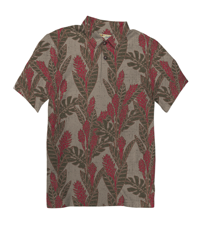 Hawaiian Ginger - Olive/Red Short Sleeve Hawaiian Polo Shirt - View 1