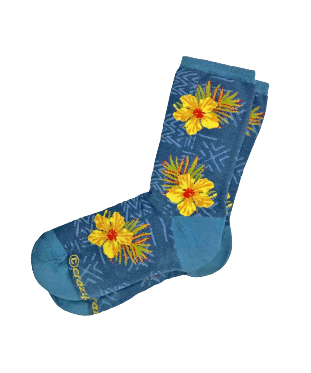 Blue socks with yellow floral patterns on a white background View 1