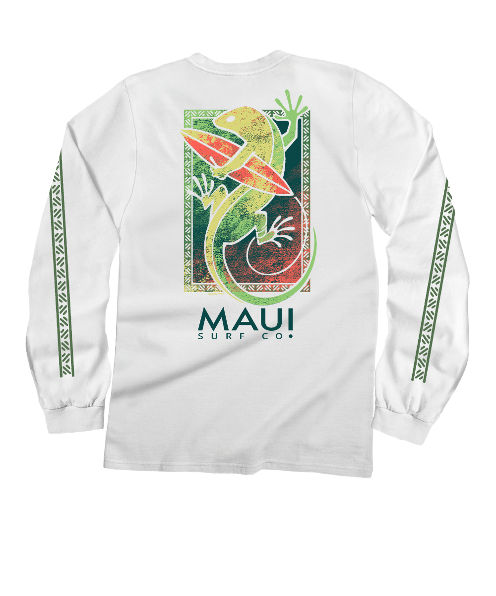 Maui Surf Co. Green Gecko - White Long Sleeve Crewneck T-Shirt