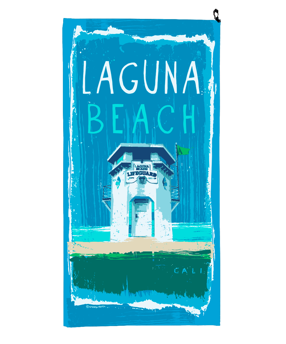 Laguna Beach towel with lifeguard tower design on a blue background View 1