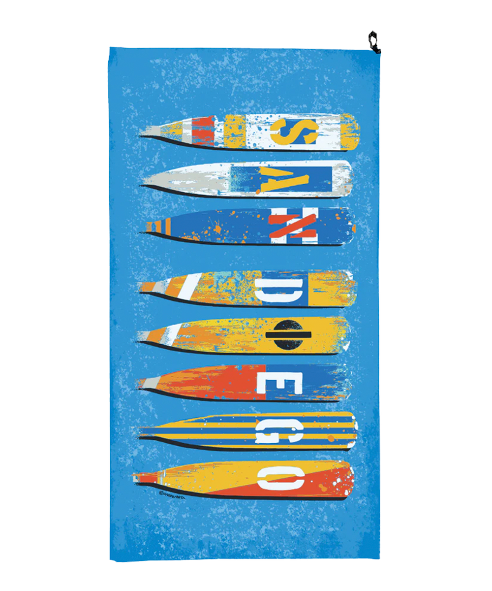 Towel with colorful design of letters and oars on a blue background View 1