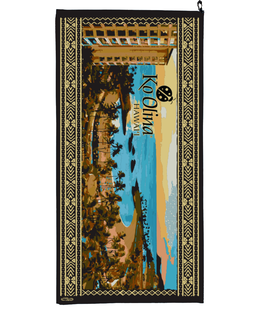 Towel with a scenic design of palm trees and buildings, featuring the Ko Olina Hawaii logo. View 1