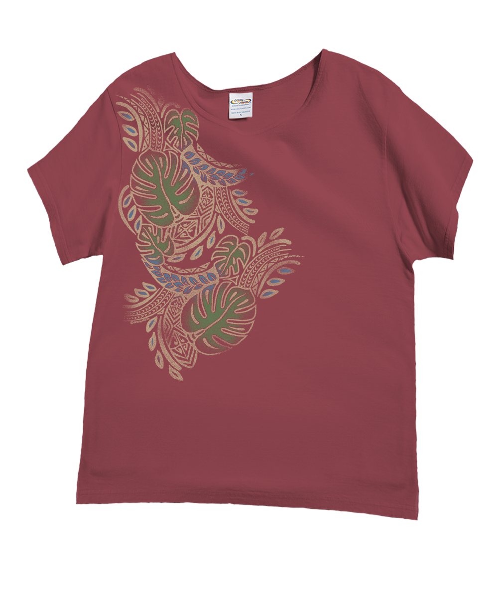 Polynesian Monstera - Paradise Red Dyed Short Sleeve Scoop Neck T-Shirt