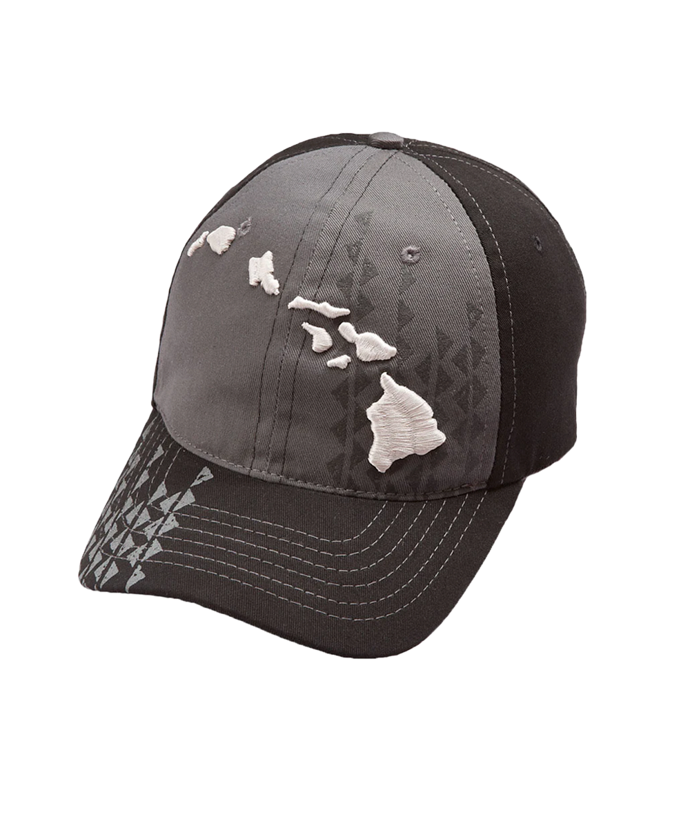 Gray and black cap with white Hawaiian island chain design on a white background View 1