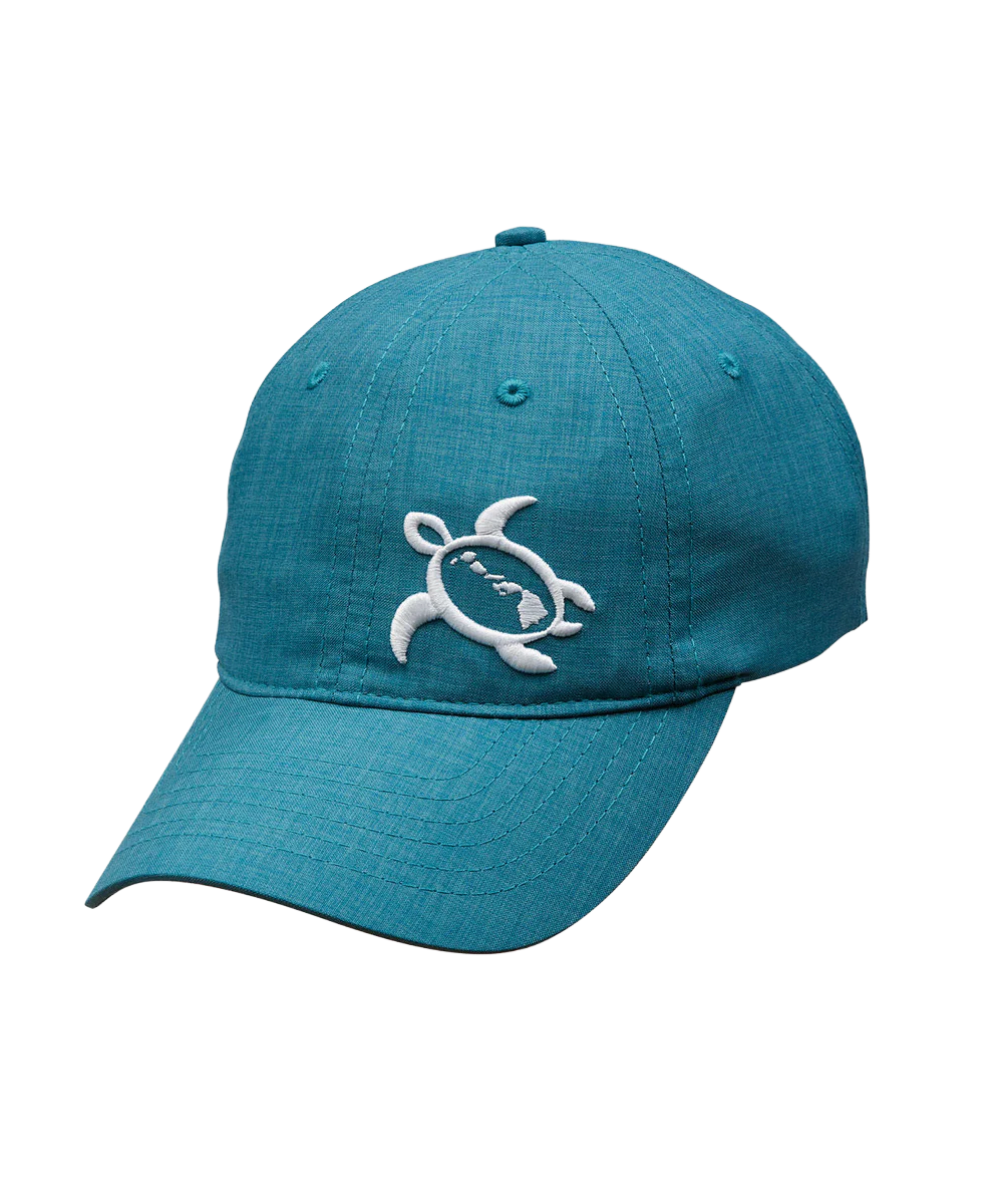 Turquoise cap with a white turtle design on a white background View 1