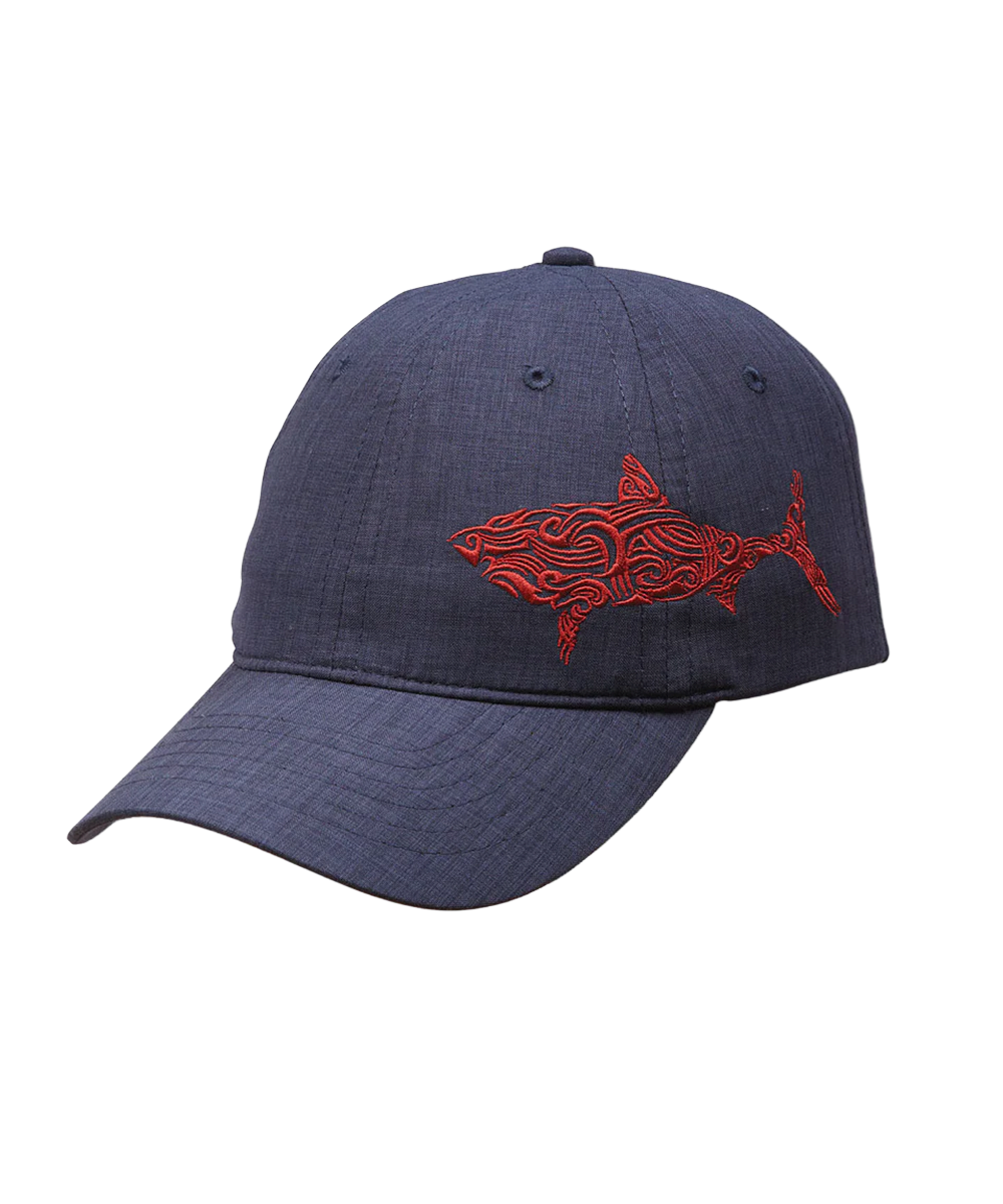 Navy blue cap with red fish shark on a white background View 1