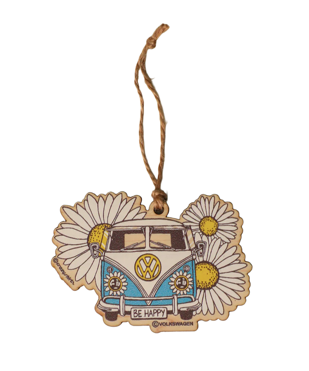 Volkswagen wooden ornament with a blue van and daisy flowers design on a white background View 1