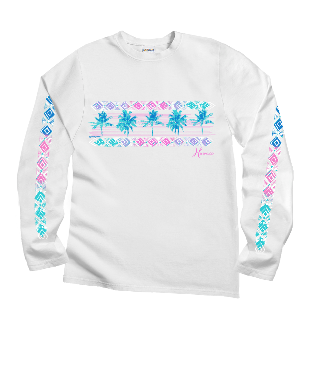 Row Of Palms - White Long Sleeve Crewneck T-Shirt