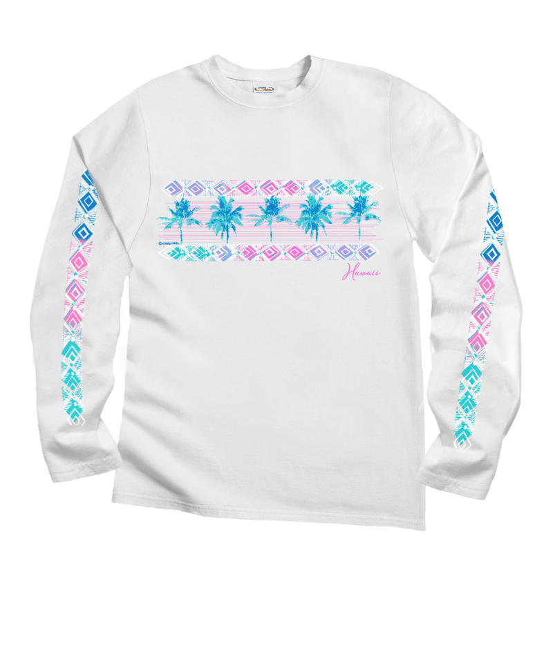 Row Of Palms - White Long Sleeve Crewneck T-Shirt