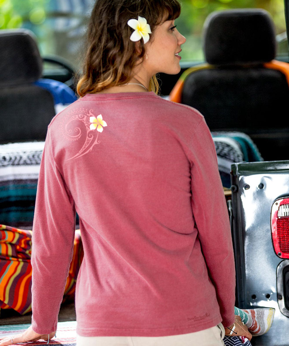 Plumeria Tatau T-Shirt | Women's Paradise Red Dyed Long Sleeve