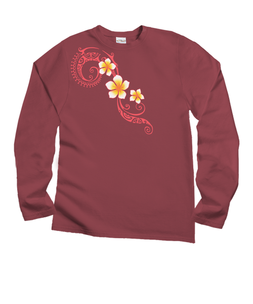 Plumeria Tatau T-Shirt | Women's Paradise Red Dyed Long Sleeve