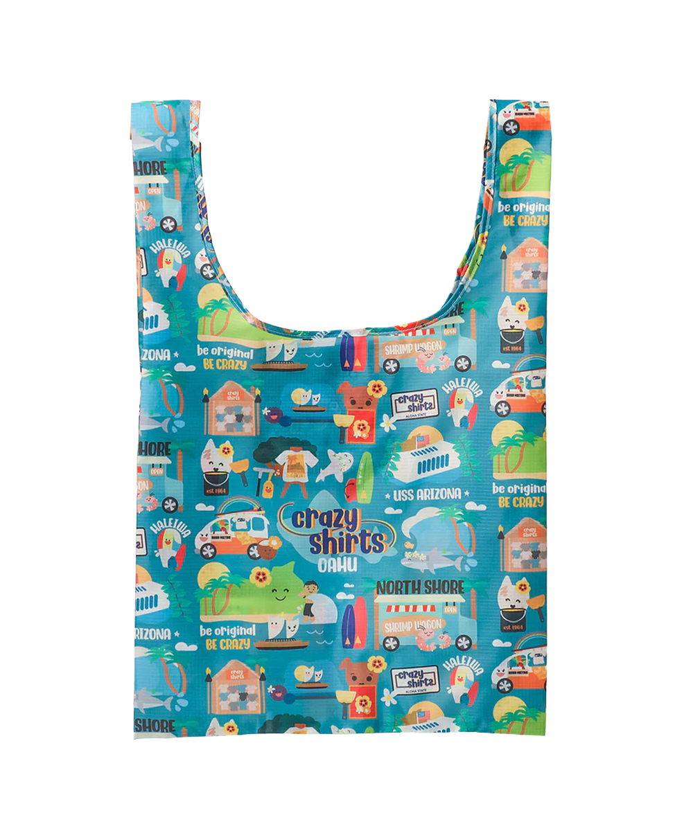 Reusable shopping bag with colorful pattern representing the island Oahu on a white background View 1