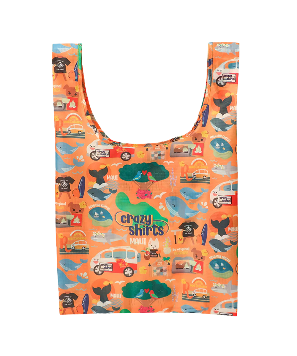 Reusable shopping bag with colorful pattern representing the island Maui on an orange background View 1
