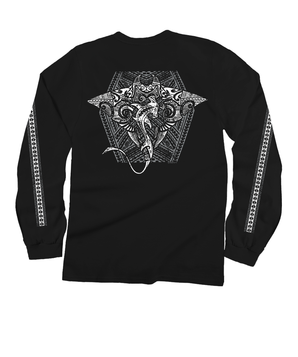 Tribal Manta Shark - Black Long Sleeve Crewneck T-Shirt