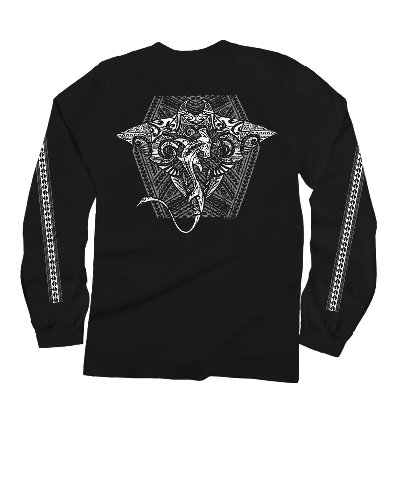 Tribal Manta Shark - Black Long Sleeve Crewneck T-Shirt