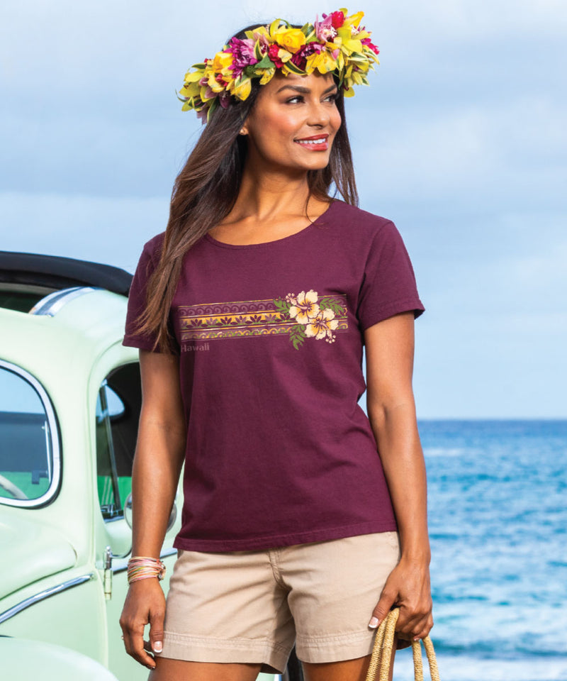Banded Hibiscus - Fig Dyed Short Sleeve Scoop Neck T-Shirt