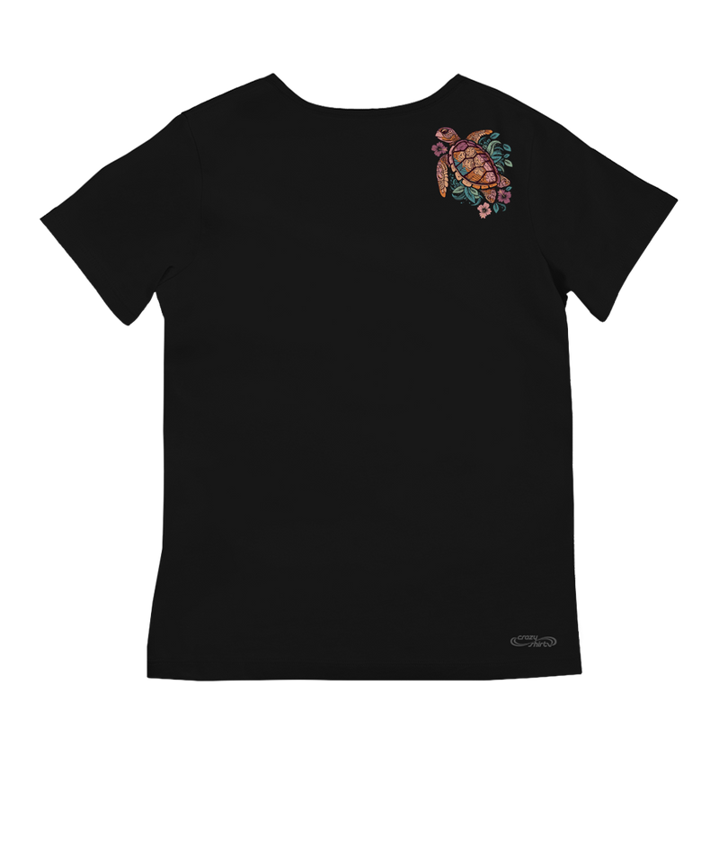 Tropical Floral Turtle - Jet Black Short Sleeve Pima V-Neck T-Shirt
