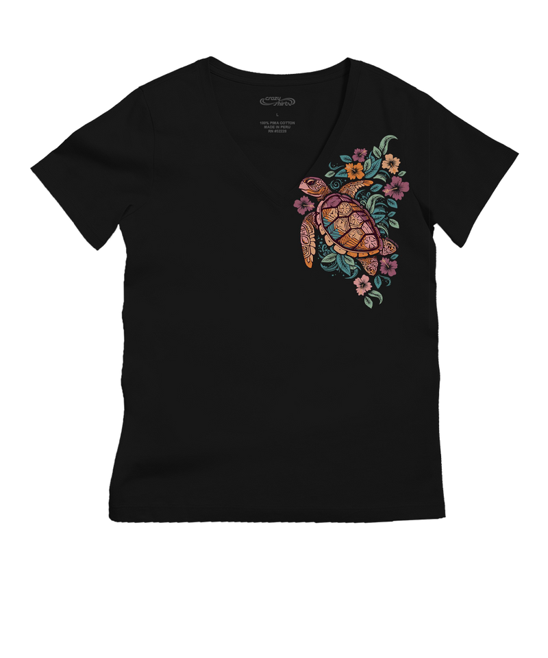 Tropical Floral Turtle - Jet Black Short Sleeve Pima V-Neck T-Shirt