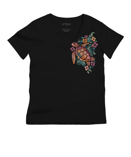 Tropical Floral Turtle T-Shirt | Women's Jet Black V-Neck