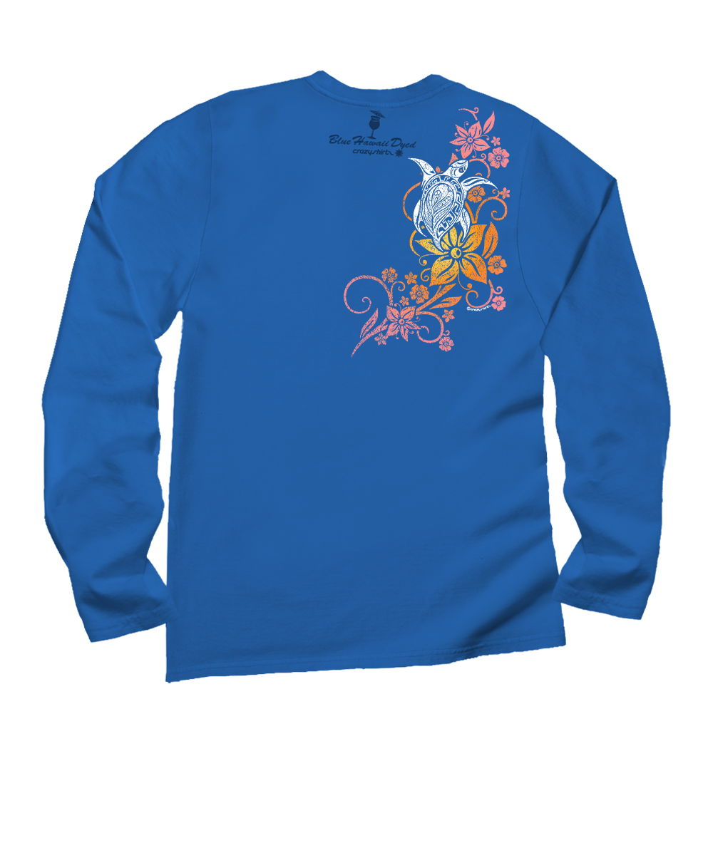Tribal Floral Turtle - Blue Hawaii Dyed Long Sleeve Crewneck T-Shirt