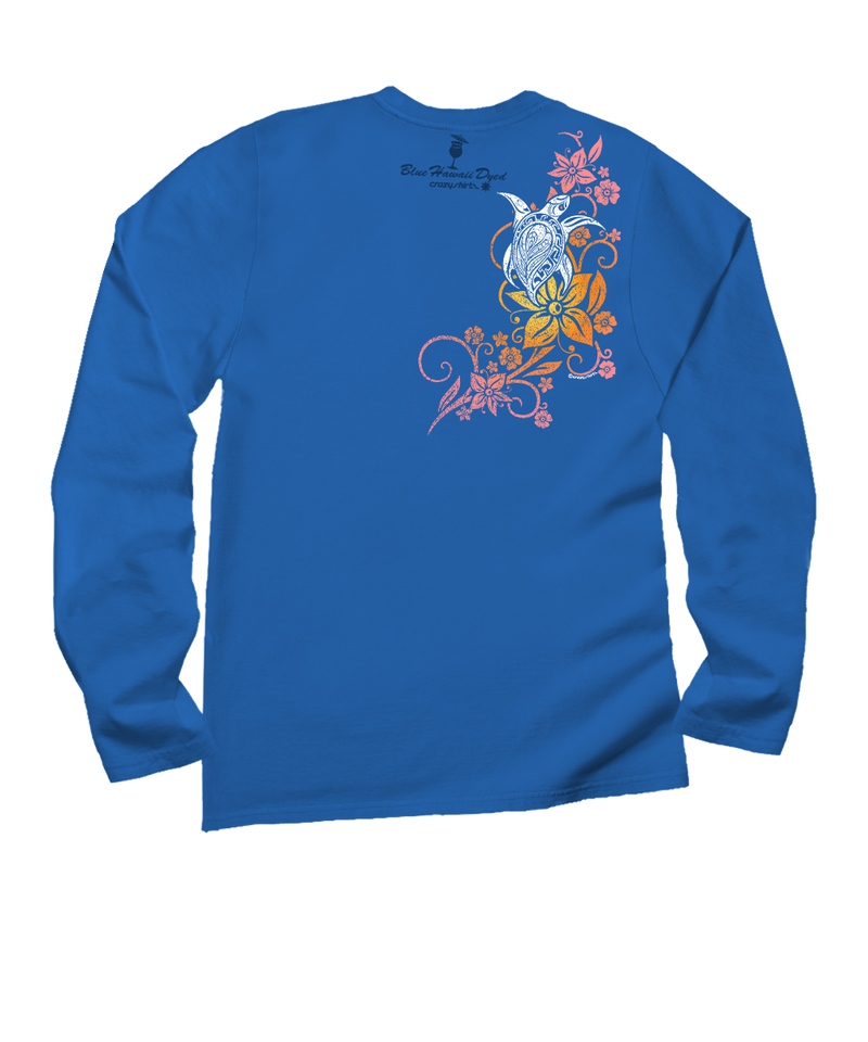 Tribal Floral Turtle - Blue Hawaii Dyed Long Sleeve Crewneck T-Shirt
