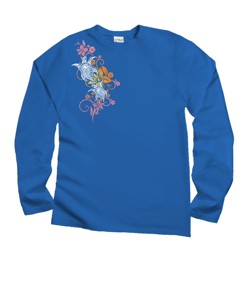 Tribal Floral Turtle - Blue Hawaii Dyed Long Sleeve Crewneck T-Shirt