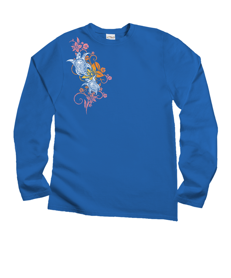 Tribal Floral Turtle - Blue Hawaii Dyed Long Sleeve Crewneck T-Shirt