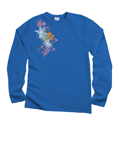 Tribal Floral Turtle T-Shirt | Womens Blue Hawaii Long Sleeve