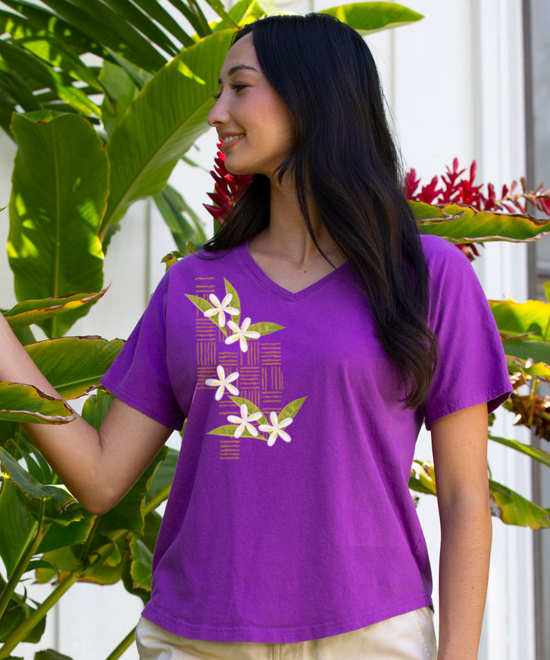 Plumeria Breeze - Violet Short Sleeve Pima V-Neck T-Shirt