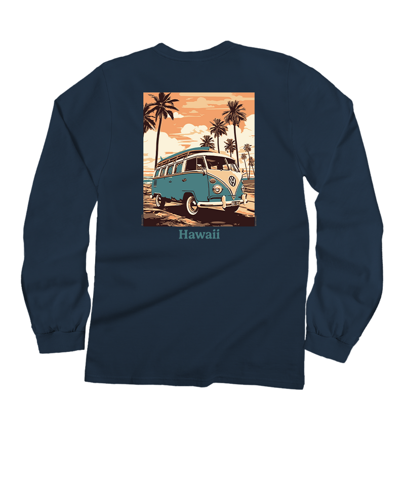 Volkswagen Vintage Beach Bus - Navy Long Sleeve Crewneck T-Shirt
