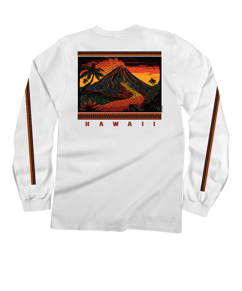 Volcano Scenic T-Shirt | Men's White Long Sleeve Crewneck